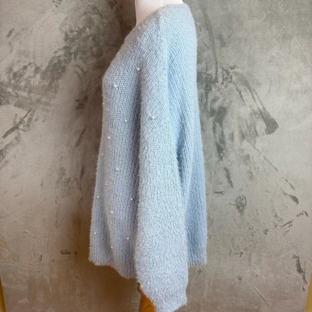 Cinderella Blue Pearl-Embellished Cozy Winter Wmn’s Sweater Sz 1X